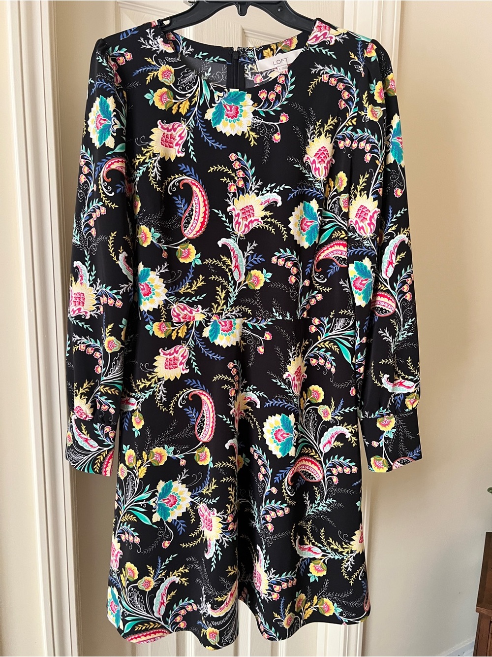 LOFT Black Floral Paisley Shift Dress with Multicolor Print